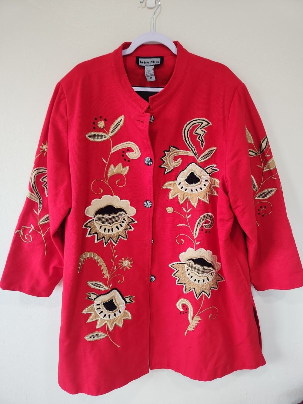 Indigo Moon Jacket 2X Red Floral Embroidered Art to Wear Cotton Button Front